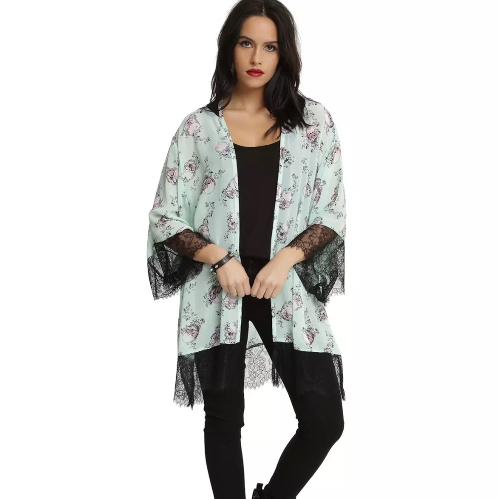 Hot Topic Mint Green Skull Black Lace Kimono Large Whimsigoth Feminine Coquette